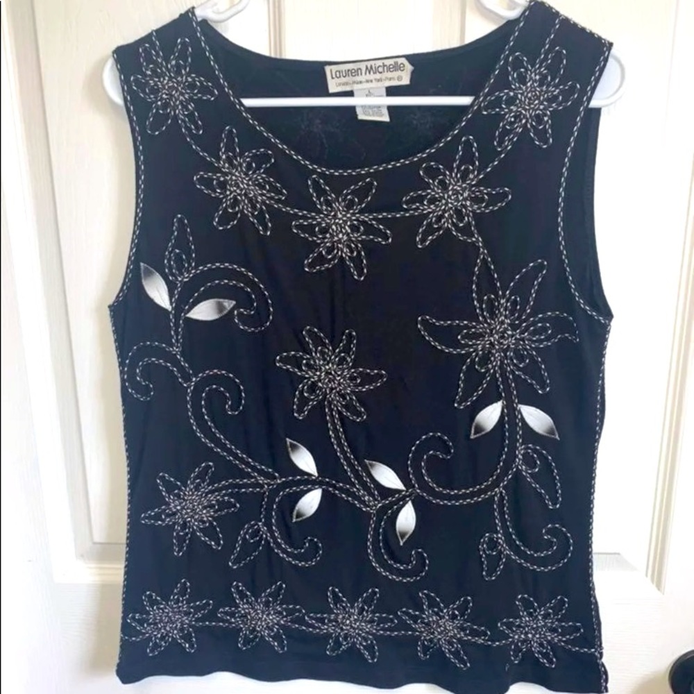 Lauren Michelle Womens Large Black White sleeveless Embroidered Top